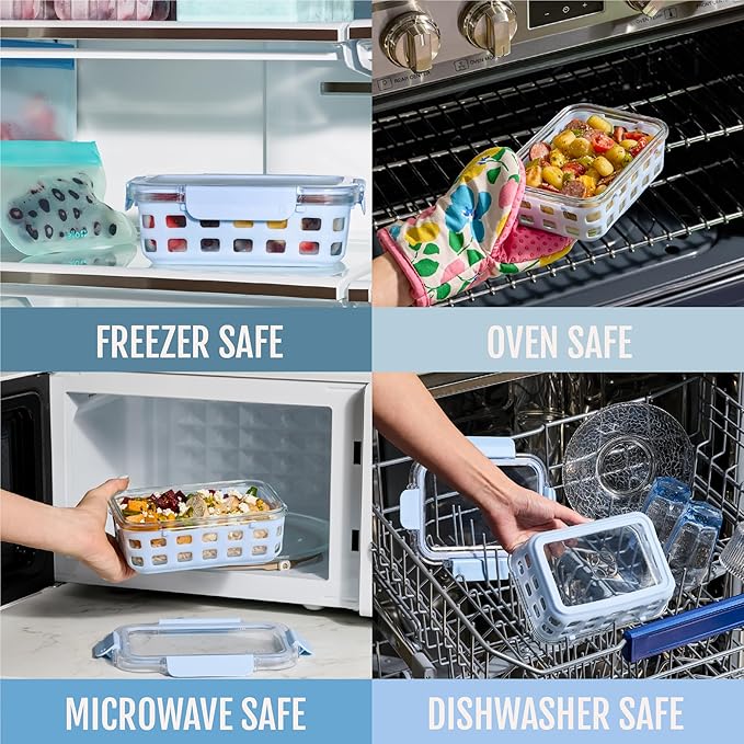 Ello Duraglass 3.4 Cup Meal Prep Sets 10Pc, 5 Pack Set- Glass Food Storage Container with Silicone Sleeve and Airtight BPA-Free Plastic Lids, Dishwasher, Microwave, and Freezer Safe, Halogen Blue