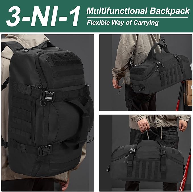 Gym Bag Duffle Bags Backpack Travel Duffle Bag with Weekend Overnight Bag for Outdoor Tactical Sports Travel Camping Hunting (Black, 60L)