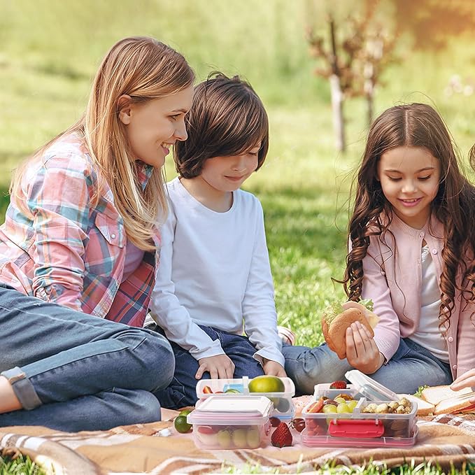 4 Pack Plastic Snack Containers with Lids, 2 Compartment Food Container for Kids Snack Box, Travel Bento Lunch Containers with forks for Fruits/Candies, Divided Food Storage Containers for School