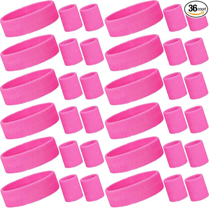 Bememo 36 Pcs Neon Sweatbands Set for Kids Bulk Sports Headband Wristband Set Cotton Terry Basketball Tennis for Students Youth 80s 90s Halloween Costumes Cosplay Glow Party