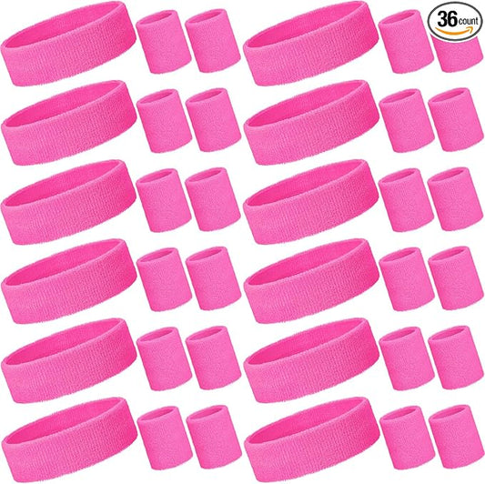 Bememo 36 Pcs Neon Sweatbands Set for Kids Bulk Sports Headband Wristband Set Cotton Terry Basketball Tennis for Students Youth 80s 90s Halloween Costumes Cosplay Glow Party