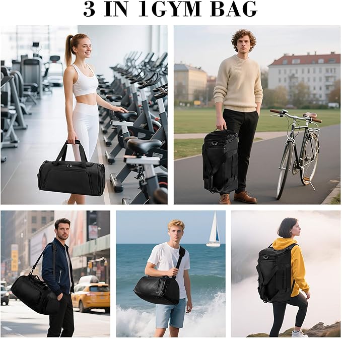 Gym Bags for Men and Women Sport Duffle Bag for Travel Carry on Duffel Bag with Shoe Compartment Dry and Wet Separation 35L Black（Upgrades）