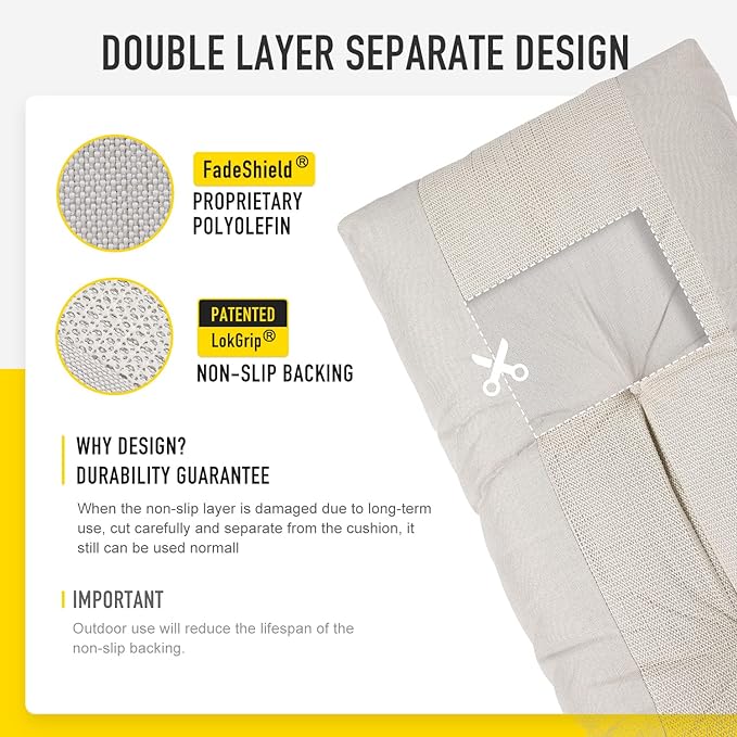 SUNROX LokGrip Non Slip Tufted Memory Foam Bench Cushion, FadeShield Water Resistant Durable Thicken Outdoor/Indoor Bench Seat Pads 36x14x4 inch, Cream