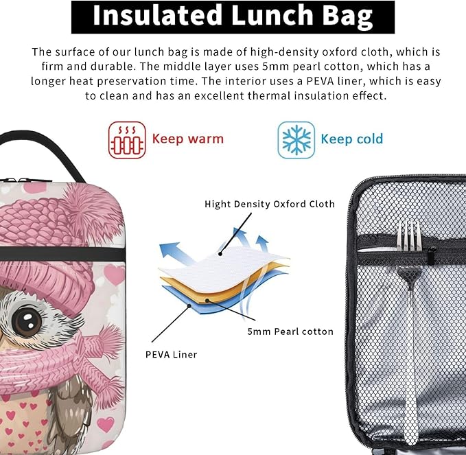 Cute Owl Lunch Box for Women Adults Kids, Insulated Cooler Lunch Bag for Picnic, School, Office, Travel, Work, Portable Reusable Polyester Tote Thermal Lunch Bags (Winter Owl)
