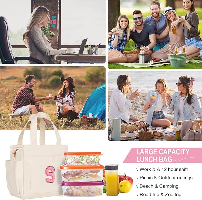 Joymee Leather Lunch Box Lunch Bag for Women Adult Insulated Reusable Leakproof Large Spacious Lunch Cooler Lunch Tote Bag with Bottle Holder and Side Pockets for Work Picnic Beach (Letter S)