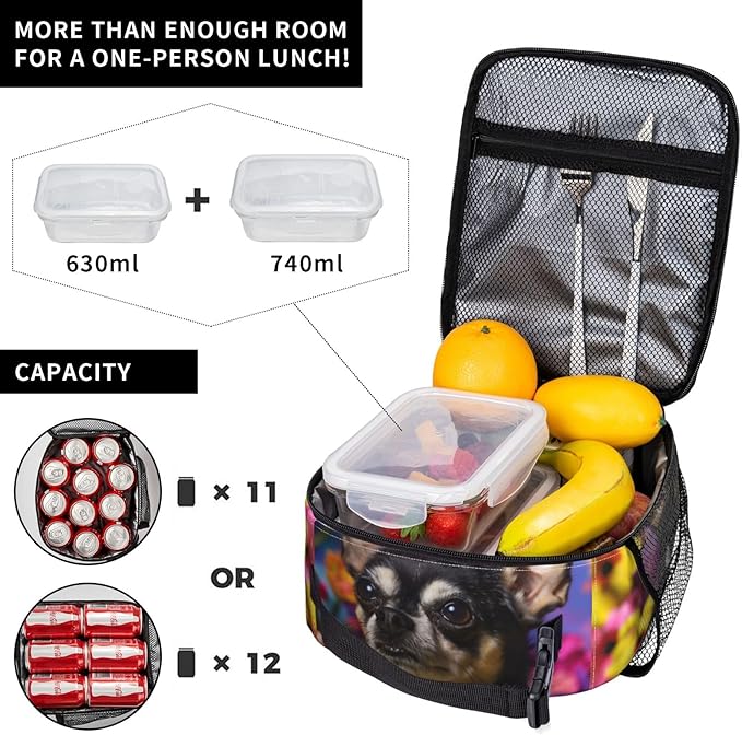 Insulated Lunch Box for Women Men, Chihuahua Dog Floral Lunch Box Reusable Portable Lunch Bag Cooler Tote Waterproof Lunch Container for Office Picnic Work Travel Hiking