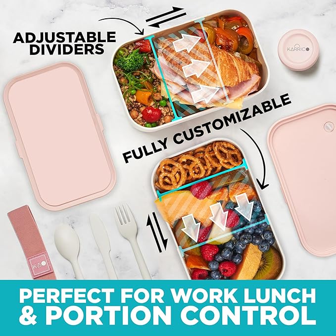 Double Premium Bento Box Adult, 67 fl oz BPA-Free - Dusty Pink Stackable Lunch Box with Leak-Proof Lids & Dividers, Perfect for Meal Prep, Lunches & Portion Control