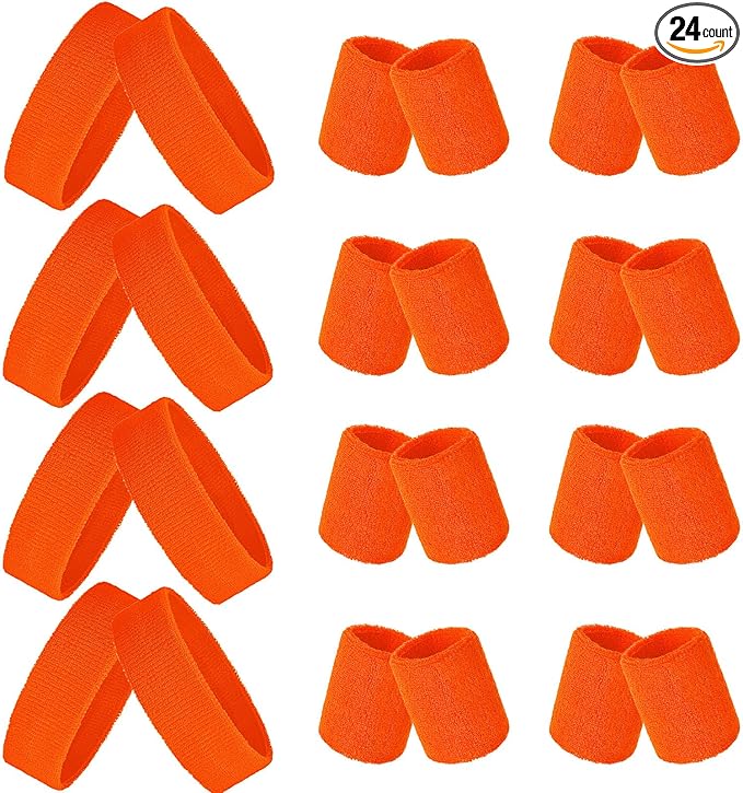 24 Pieces 80s Neon Sweatbands Set, Include 8 Sports Headbands and 16 Sweat Wristbands Elastic Athletic Tennis Sweat Bands Bulk for Man Woman