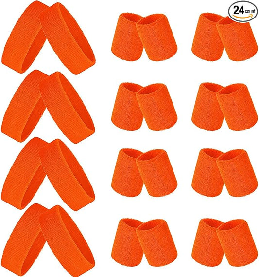 24 Pieces 80s Neon Sweatbands Set, Include 8 Sports Headbands and 16 Sweat Wristbands Elastic Athletic Tennis Sweat Bands Bulk for Man Woman