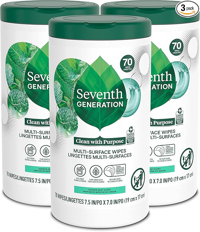 Seventh Generation Multi Purpose Wipes All Purpose Cleaning Garden Mint scent with 100% Essential Oils and Botanical Ingredients 70 count, Pack of 3