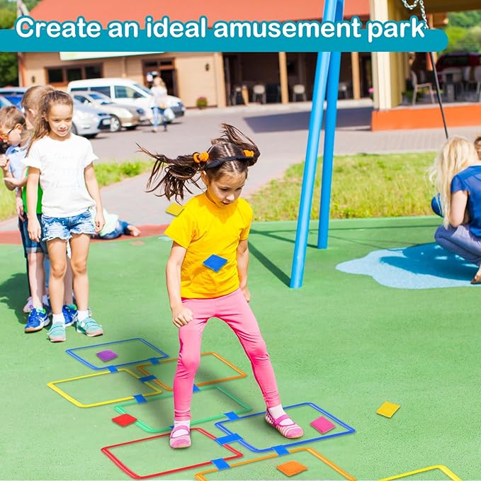 2 Sets of 2 in 1 Hopscotch and Beanbag Toss Kit Include Hopscotch Ring Game Set and Squares Set 8 Pcs Beanbags for Indoor Game Outdoor Agility Portable Summer Conditioning Agility Training