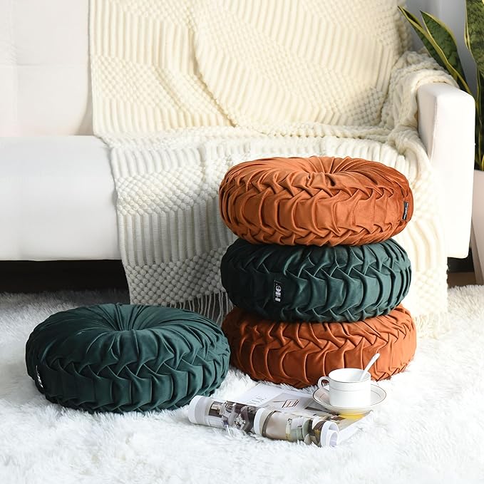 HIG Set of 2 Decorative Round Pleated Throw Pillows, Classy Accent Pumpkin Throw Pillows with Center Button, Vintage Velvet Floor Pillows for Sofa Vanity Chair Bed, Rust, 14.5" Diameter(Ripple)