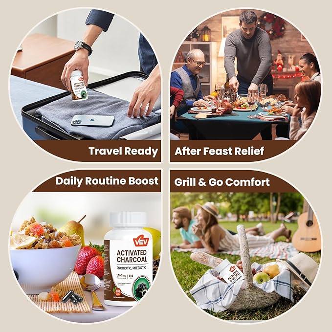 VEV Activated Charcoal with Organic Coconut Shell Charcoal & 50 Billion Probiotics – 120 Vegan Capsules for Digestive Wellness & Dietary Support