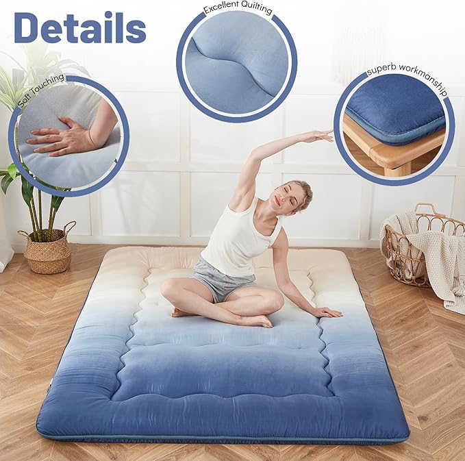 Japanese Floor Mattress, Futon Mattress with Portable Storage Bag and Washable Cover, Roll Up Thick Tatami Mat Suitable for Camping, Guest Room (Coastal Gradient, Twin)