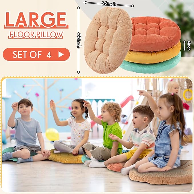 Jerify Floor Pillow Cushions 22 x 22 Inch Round Square Large Meditation Floor Pillow for Classroom Adult Meditation Picnic Party Cushion for Seating Gift Christmas(Round,Yellow Green,4 Pcs)