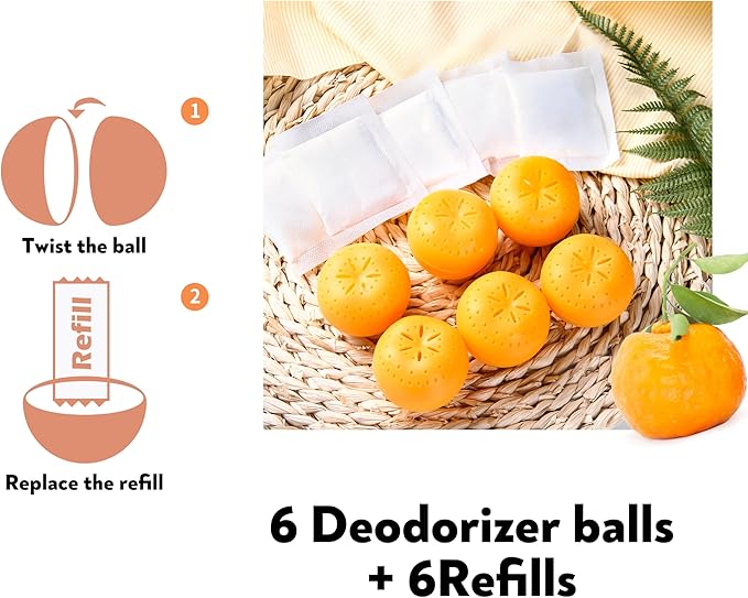 12 Pack Baking Soda Deodorizers, 6 Deodorizer Balls + 6 Refills, Odor Eliminator for Shoes Closets Bathroom Pets, Air Freshener for Home, Up to 240 Days