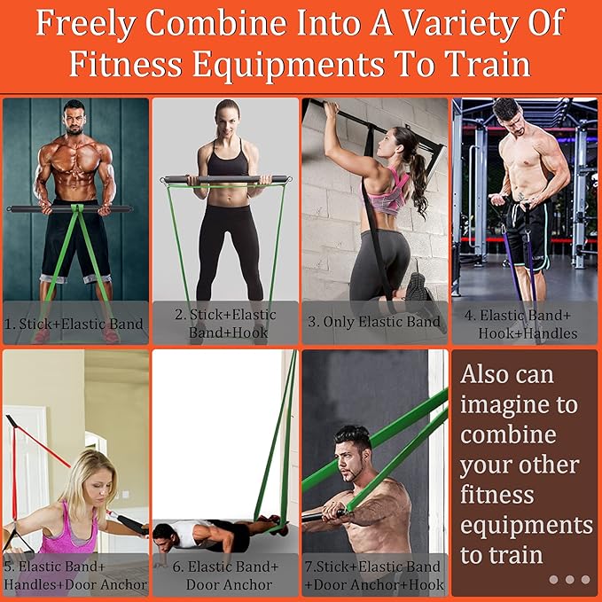 DASKING Resistance Band Bar Set for Home Gym, 500LB Total Resistance with Longer Bar & 4 Stackable Bands, Detachable for Full Body Workouts, Door Anchor, Exercise Guide