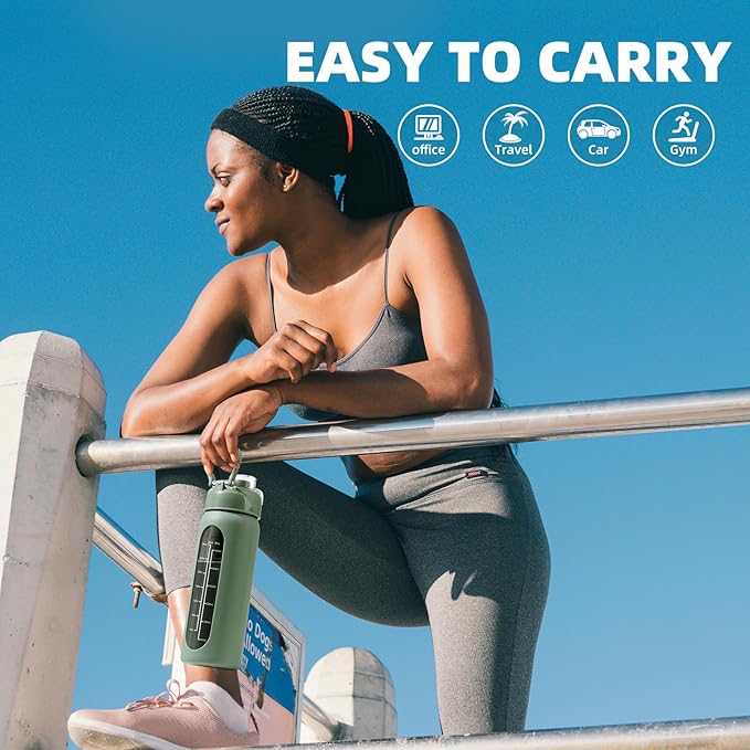 32 oz Glass Water Bolttles with Straw Large Motivational Water Bottle with Time Marker Sports Water Bottles with Silicone Sleeve and Handle Lid Water Jug for Gym Workout