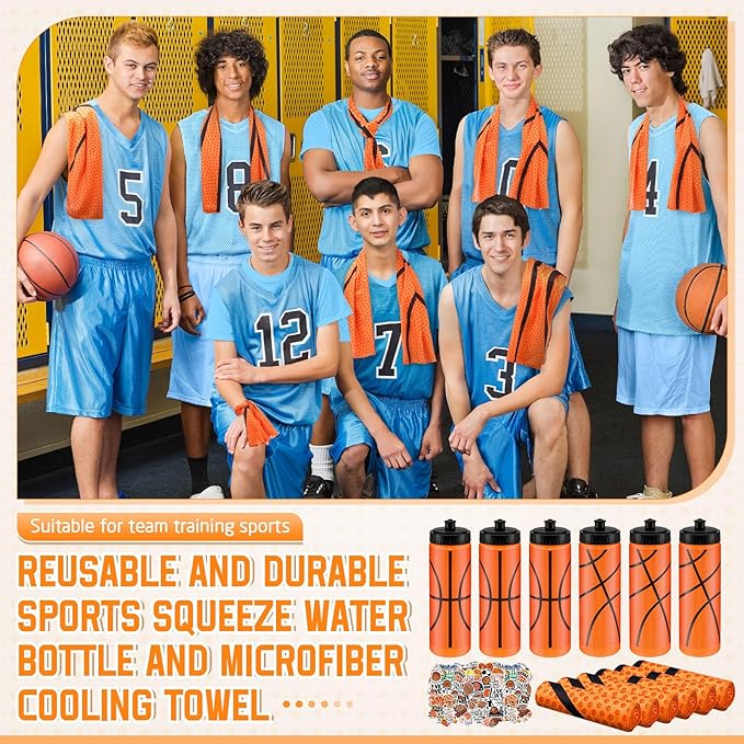 24 Pcs Basketball Water Bottle Basketball Cooling Towel Set with 50 Sticker Sports Party Favors Include 6 Reusable Sports Squeeze Water Bottle 6 Ice Towel Breathable Fast Drying for Team Gifts