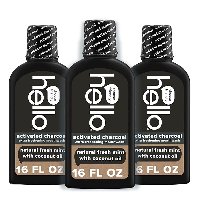Hello Activated Charcoal Extra Freshening Mouthwash, Natural Fresh Mint and Coconut Oil, Fluoride Free, Alcohol Free, Vegan, SLS Free and Gluten Free, 16 Fl Oz (Pack of 3)
