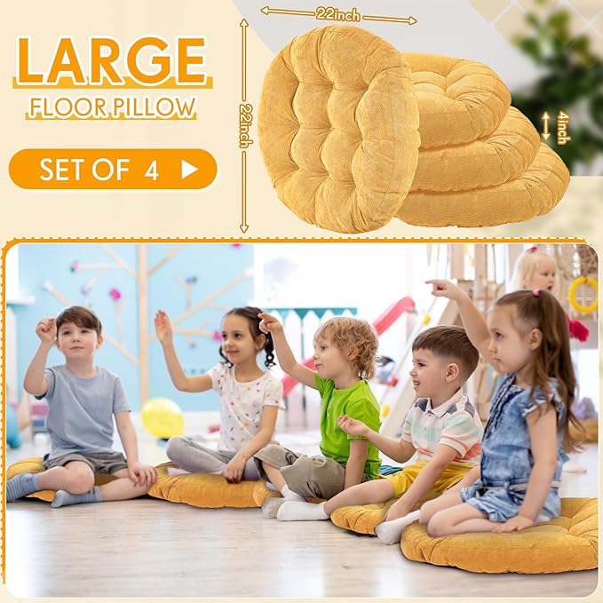 Jerify Floor Pillow Cushions 22 x 22 Inch Round Square Large Meditation Floor Pillow for Classroom Adult Meditation Picnic Party Cushion for Seating Gift Christmas(Round,Yellow,4 Pcs)