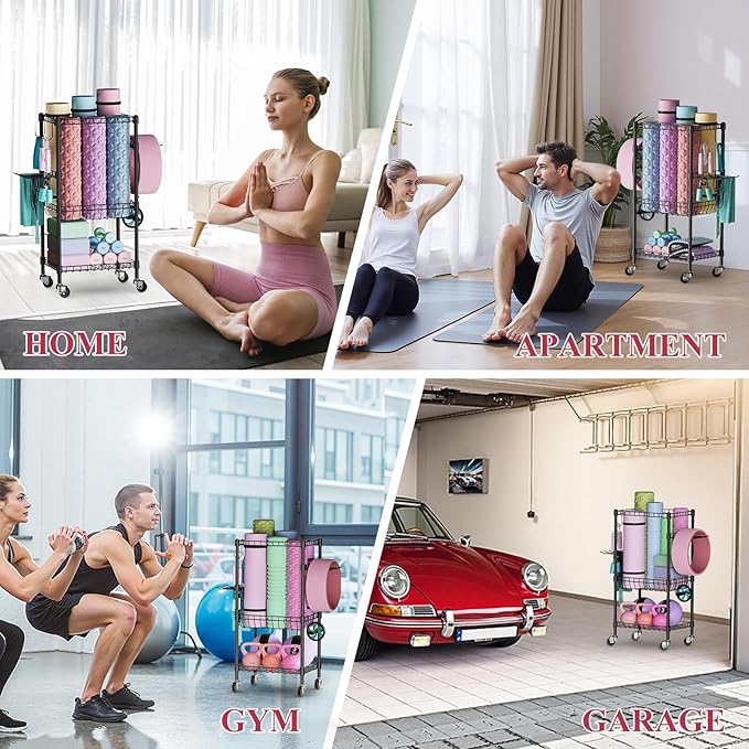 VOPEAK Home Gym Storage Rack with Wheels, Yoga Mat Storage Organizer for Kettlebells, Dumbbells, Resistance Bands, Space Saving Weight Rack for Home Gym, Garage, Easy to Install