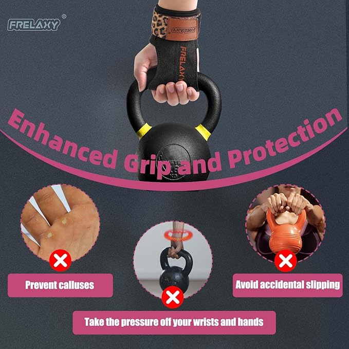 Frelaxy Lifting Wrist Straps Women and Men, Weight Lifting Grips with Cushion Wrist Loop, Double Layer Leather and Storage Pouch, Gym Workout Straps for Deadlift and Powerlifting