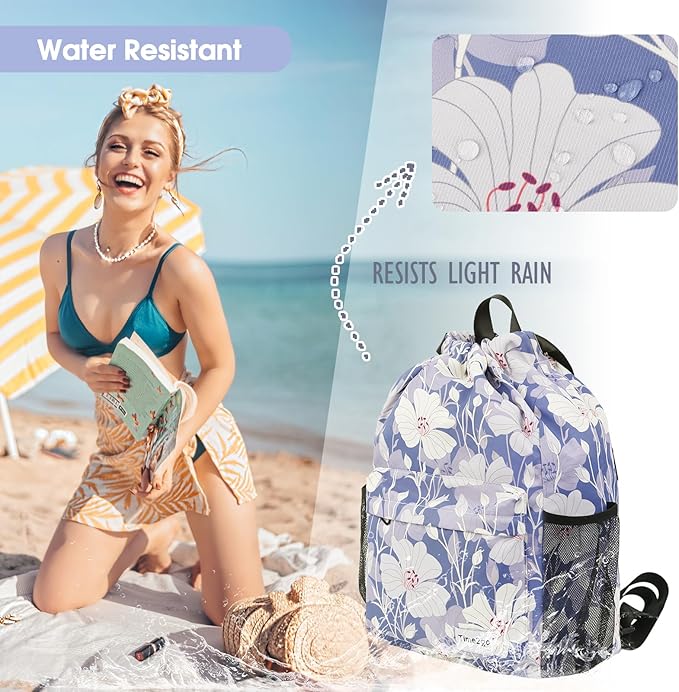 Drawstring Backpack Sports Gym Sackpack with Mesh Pockets String Cinch Beach Bag for Men Women(Blue Flower)