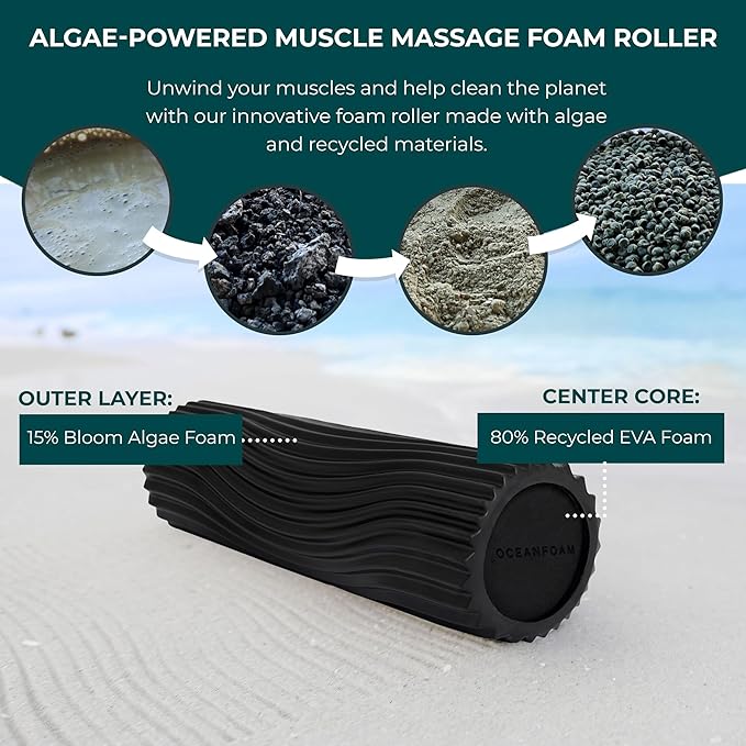 Oceanfoam Tidal Roller - Black - Muscle Massage Foam Roller for Back Pain & Stretching - Firm and Ergonomic Wide Wave Textured - Yoga, Athletics, & Wellness - Full Size, 20" x 5"