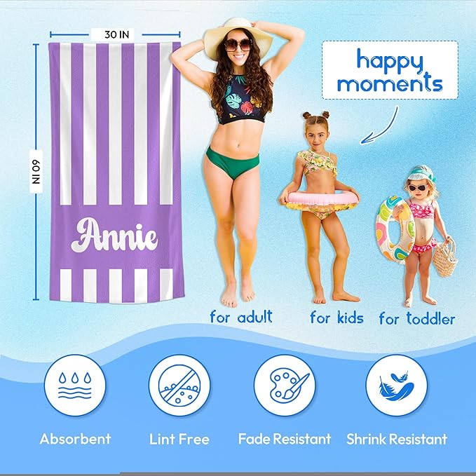 JML Personalized Beach Towel with Name, Custom Cabana Stripe Beach Towel, Customized Microfiber Pool Towel, Quick Dry & Absorbent Swim Towel for Adult,Mother's Day, Birthday, Summer Holiday,Vacation
