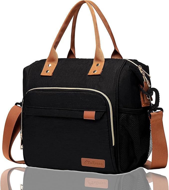 Black Lunch Box for Women Insulated Lunch Bag for Work - Adult Stylish Lunch Tote Bag for Shopping Soft Cooler for Beach Picnic Travel