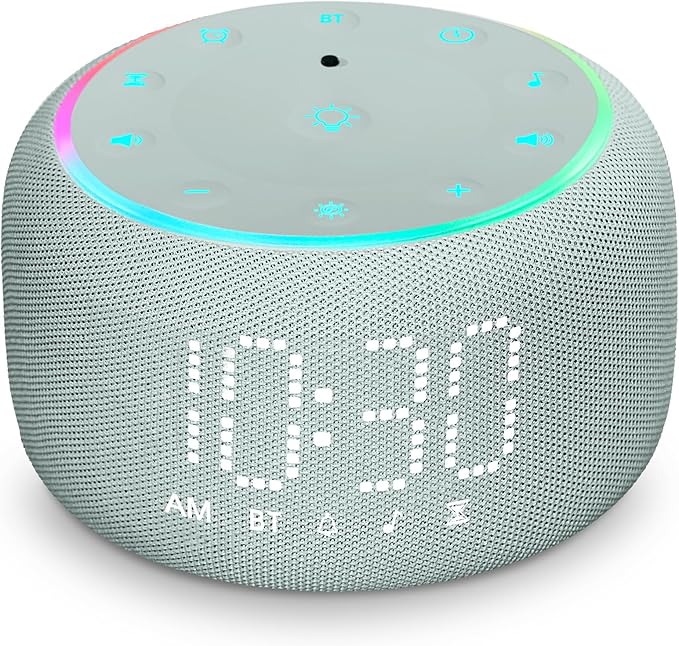 White Noise Machine Alarm Clock: Auto-Dimmable Clock for Bedrooms - 5W Stereo Bluetooth Speaker - Sound Machine with 24 Sleep Sounds for Adults Kids