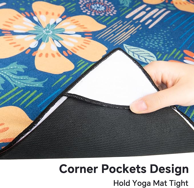 Colorful Star Yoga Towel with Corner Pockets, Non Slip Grip Dots Sweat Absorbent Hot Yoga Mat Towels, Yoga Blankets with Travel Bag, Mat Cover for Workout, Gym, Fitness - 70"x26", Blue Yellow Flowers