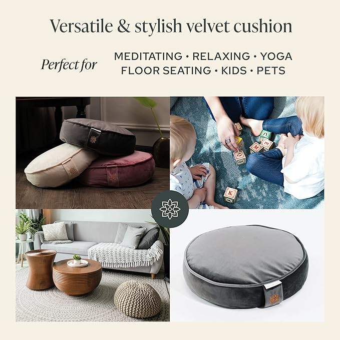 Mindful Modern Velvet Meditation Cushion | Luxe Zafu Yoga Floor Pillow Seat | Posture Support | Buckwheat Hull Filled | Large Round Cushion with Removable Washable Cover + Carry Handle