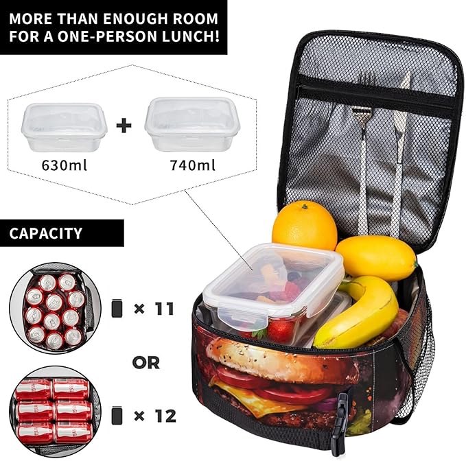 Hamburger Lunch Box for Women Men, Insulated Lunch Box Reusable Portable Lunch Bag Cooler Tote Waterproof Lunch Container for Office Picnic Work Travel