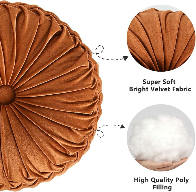 HIG Set of 2 Decorative Round Pleated Throw Pillows, Classy Accent Pumpkin Throw Pillows with Center Button, Vintage Velvet Floor Pillows for Sofa Vanity Chair Bed, Rust, 14.5" Diameter(Ripple)