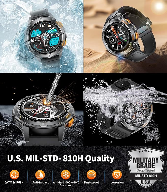 GPS Smart Watch for Men with LED Light/530mAh Battery, 1,43'' AMOLED Military Smartwatch with Compass/Barometer/Altimeter, Heart Rate/Sleep, 5ATM Waterproof Fitness Watch for Android iOS, Black