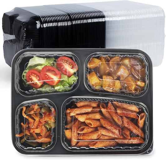 FRESHPAK Meal Prep Container Reusable 40 Pack 34oz - Shrink Wrap Leakproof | Portion Control Leftover Plastic Food Containers with Lid | BPA Free Freezer & Microwave Safe | 4 Compartment Takeout Boxes