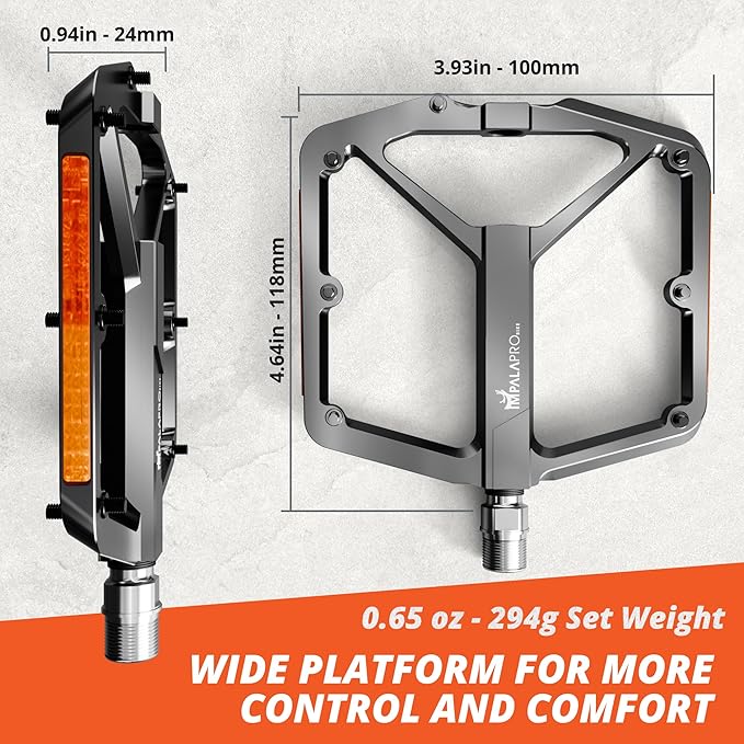 Flat Bike Pedals with Reflectors CNC Aluminium 9/16” – MTB Pedals with Extra Wide Platform and Removable Anti-Slip Pins – Lightweight Pedals for Mountain Bike & Road Bike 294 g
