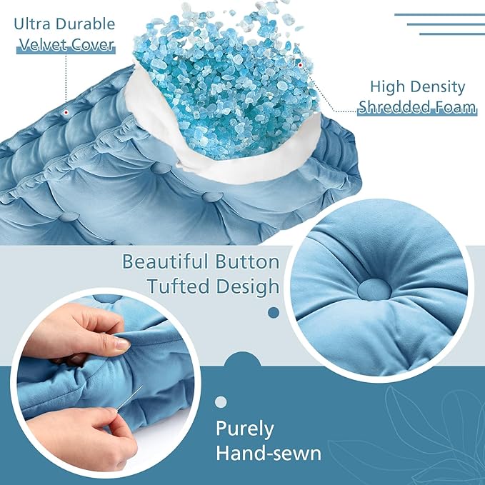 Bench Cushions for Indoor Furniture 42x16 in Velvet Kitchen Dining Piano Window Seat Cushion, Tufted Patio Porch Swing Thicken Bench Pad Memory Foam(Water Blue)