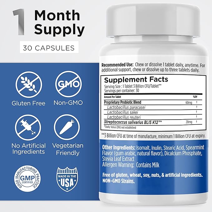 Earth's Pearl Dental Probiotic with BLIS K12 - Oral Probiotics for Oral Health with Mint Flavor - 30-Day Supply of Dental Probiotics for Bad Breath and Dental Health - Children and Adult Oral Care