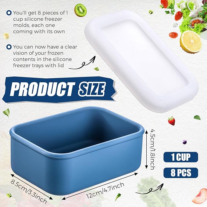 Nuogo 8 Pcs 1 Cup Silicone Freezer Containers with Lid Soup Freezer Molds Silicone Soup Containers Rectangle Trays Reusable Food Preserving Tray Ice Trays for Soups Sauces Stews(Dark Blue)