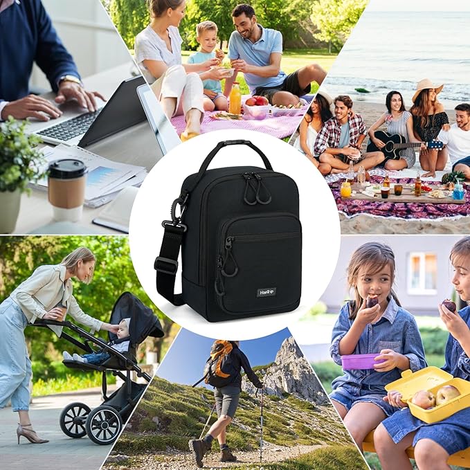 Insulated Lunch Bag with Adjustable Shoulder Strap, Lunch Box for Women Men, Reusable Portable Lunchbox for Office Work Picnic (Black)