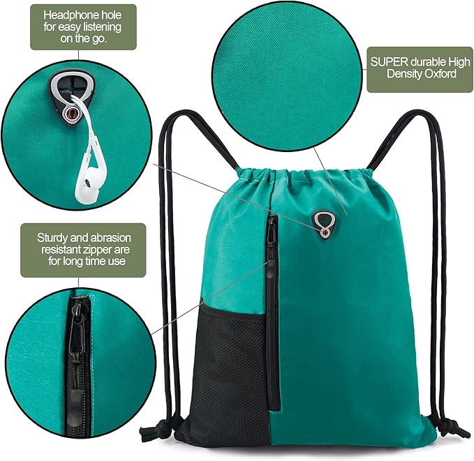BeeGreen Marrs Green Drawstring Backpack Gym Bag For Men & Women – Sports Sackpack with Mesh Water Bottle Holder & 2 Zippered Pockets – Large 16x20 Inch Cinch String Backpack