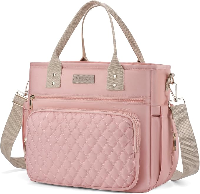 EASYA Large Women Lunch Bags for Work/Insulated Adult Lunch Box for Women/Durable Nylon Thermal Lunchbox for Womens/Leakproof Cooler Tote Bag with Storage Pocket (Shimmering blush pink Cotton Strap)