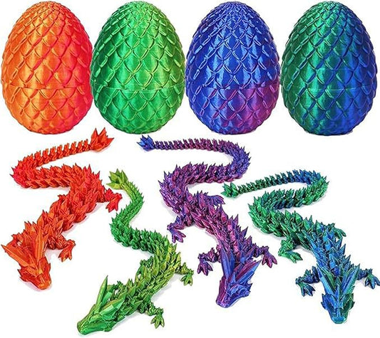4 Pcs 3D Printed Dragon Egg, 3D Printed Dragon with Egg,Unique 3D Printed Dragon Eggs with 8.7 inch Dragon & 3.35 inch Egg for Flexible Stress Relief Pet Sculpture Easter Basket Filler.