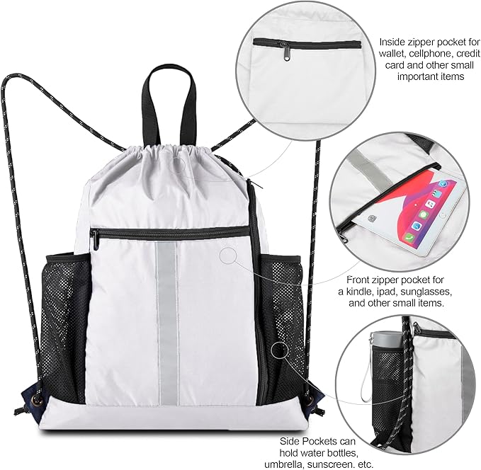 BeeGreen White_Drawstring_Backpack_Bag_Sports_Gym_Backpack with Shoe Compartment and Two Water Bottle Holder for Men Women Large String Athletic Sackpack Workbag White
