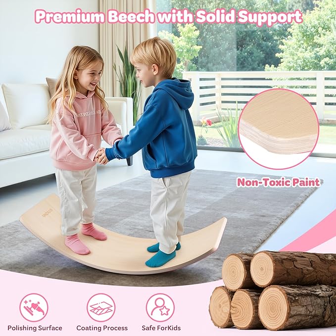 Balance Board Kids, 35 Inch Natural Wooden Wobble Balancing Board for Open Ended Learning, Toddler Rocker Board with Non Slip Felt Yoga Curvy Board for Adult Boys Girls M.ontessori-Inspired