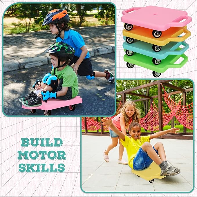 Jerify 4 Pieces Sports Scooter Board with Handles Plastic Casters Floor Sitting Scooter Boards for Kids Children Gym Indoor Outdoor Activities Play Equipment, 11.22 x 11.22 inch