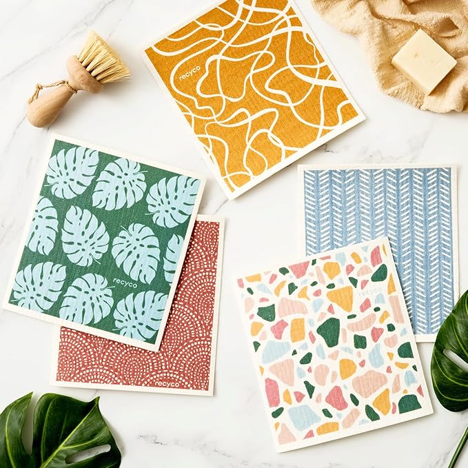 RECYCO Swedish Dishcloths for Kitchen | 5 Pack Urban Boho Terrazzo Washable Dish Rags | Cellulose Reusable Cleaning Paper Towels | Absorbent Counter Dish Cloth Sponge Kitchen Wipes, 8" L x 7" W